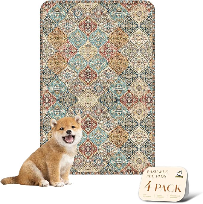 nunubaby 4PACK Washable Pee Pads for Dogs, Stylish, Non-Slip and Leak-Proof Pee Pads. Reusable Potty Pads for Dogs for Crates and Floors.(Cream/Multi, 24" x36" )