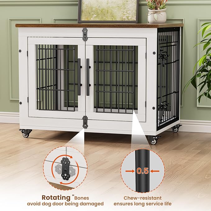 Lulive Dog Crate Furniture Set of 2, Dog Kennel Indoor Double Doors Wooden Dog Cage, 32'' Heavy Duty Dog Crate with Cushion & Wheels, End Table Pet House Chew-Resistant Up to 45 lb, White