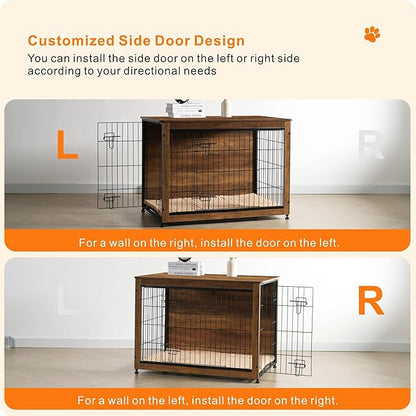 DWANTON Dog Crate Furniture with Cushion, Wooden Kennel Table with Double Doors, Indoor Dog House, Large Size, 38.5" L, Warm Brown