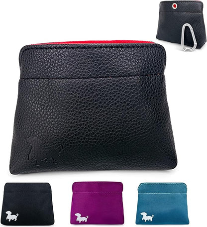 Small Dog Treat Pouch – Slim Vegan Leather Magnetic Pocket Dog Treat Bag for Walking & Training – Discreet Clip On Treat Pouch for Leash, Waistband or Pocket – Mess Free Storage (Black/Red)