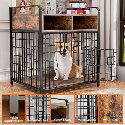 Kepptory Small Dog Crate Furniture with Drawers Storage, Puppy Dog Kennel Indoor with Double Doors, Heavy Duty Wooden Dog Cage Table, Sturdy Metal, Rustic Brown