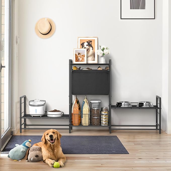 Elevated Dog Bowl Stand with 2 Feeding Stations, Adjustable Raised Feeding Station Cabinet with Toy Bin Basket, Lifted Food and Water Bowl Holder, Pet Storage Organizer for Large Medium Small Dogs