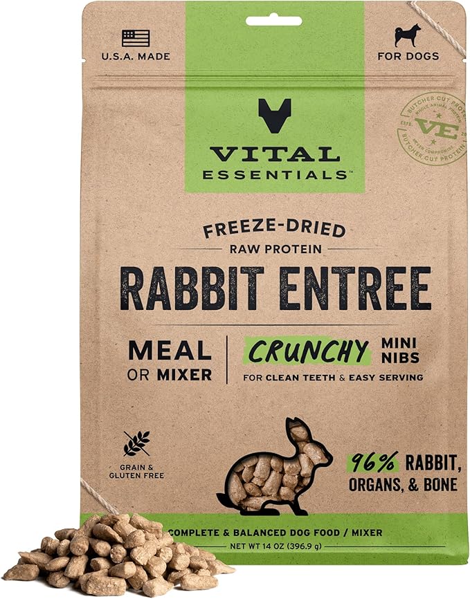 Vital Essentials Freeze Dried Dog Food, Raw Rabbit Crunchy Mini Nibs | Complete Meal or Topper | 96% Rabbit, Organs & Bone | Limited Ingredient, High Protein, Grain Free Dry Dog Food | 14 oz Bag