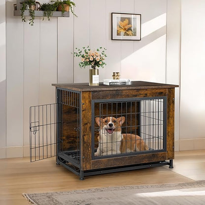 JY QAQA Dog Crate Furniture, Wooden Dog Crate Table, Double-Doors Dog Furniture, Indoor Kennel, Dog Cage/Brown/M