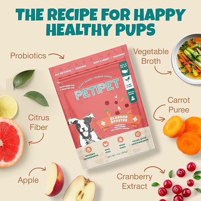 Petipet Bladder Booster Cranberry Supplement for Dogs - Helps Support Urinary Tract, Bladder, Kidney Health - Dog UTI Treatment - Vegan Dog Treats Made with Cranberry Extract Real Fruit and Vegetables