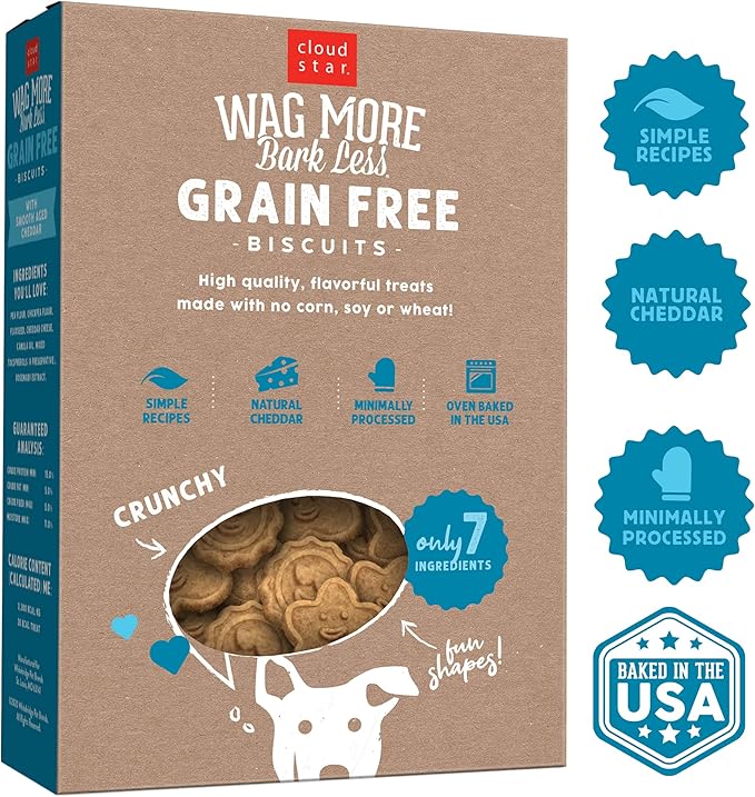 Cloud Star Wag More Bark Less Crunchy Grain Free Dog Treats, Cheddar Cheese, 14 oz. Box