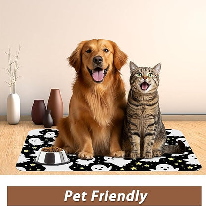 Halloween Pet Feeding Mat,Ghosts Absorbent Quick-Dry Cat Dog Food and Water Bowl Mats,Non-Slip Rubber Backing Mat,Cat Dog Accessories Supplies 16"x24"
