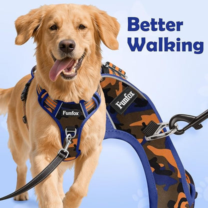 Funfox Dog Harness No Pull, Adjustable Pet Vest Harness, Super Soft Material with Vertical Handle Easy Control, Reflective Night Walking, 2 Leash Clips for Small Sized Dogs, Camo Orange, S