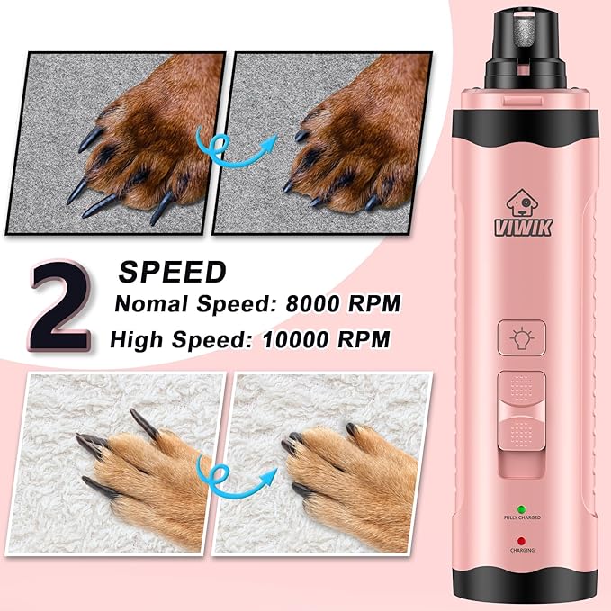 VIWIK Dog Nail Trimmers, Dog Nail Grinder with 2 LED Lights, Pet Nail Clippers Kit for Large Medium Small Dogs & Cats, 2-Speed Super Quiet Electric USB Rechargeable Pet Paws Grooming Tool Pink