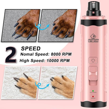 VIWIK Dog Nail Trimmers, Dog Nail Grinder with 2 LED Lights, Pet Nail Clippers Kit for Large Medium Small Dogs & Cats, 2-Speed Super Quiet Electric USB Rechargeable Pet Paws Grooming Tool Pink