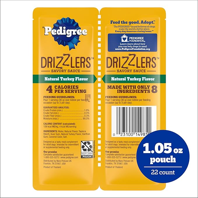 Pedigree Drizzlers for Dogs, Wet Dog Food Gravy Savory Sauce, Natural Turkey Flavor, 60g Dual-Serving Pouch (22 Count, 44 Servings Total)