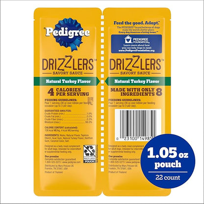 Pedigree Drizzlers for Dogs, Wet Dog Food Gravy Savory Sauce, Natural Turkey Flavor, 60g Dual-Serving Pouch (22 Count, 44 Servings Total)
