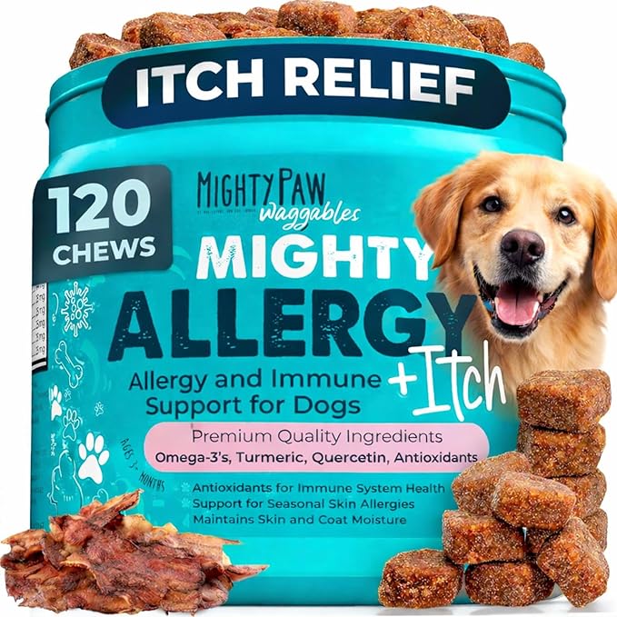 Mighty Paw Dog Allergy Chews — Anti-Itch & Immune Support, 120ct | Omega 3, Quercetin & Turmeric | Vet Formulated | Made in USA | Skin & Coat Supplement for Dogs