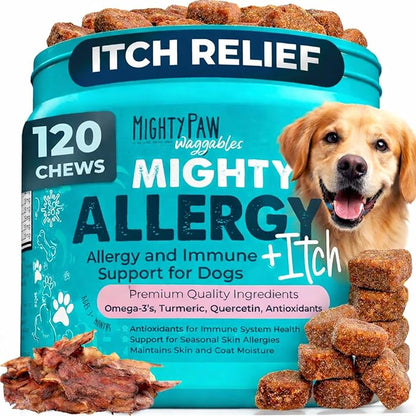 Mighty Paw Dog Allergy Chews — Anti-Itch & Immune Support, 120ct | Omega 3, Quercetin & Turmeric | Vet Formulated | Made in USA | Skin & Coat Supplement for Dogs