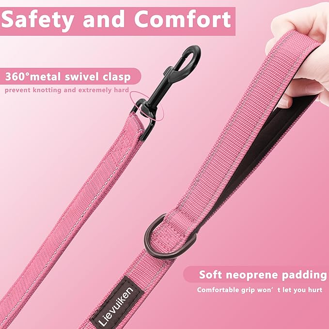 Dog Leash 6ft Long, Double Handle Dog Leash for Safety Control Training, Heavy Duty Dog Leads with Traffic Padded Handles, Reflective Leashes for Small Medium Large Dogs(6ft, Pink)