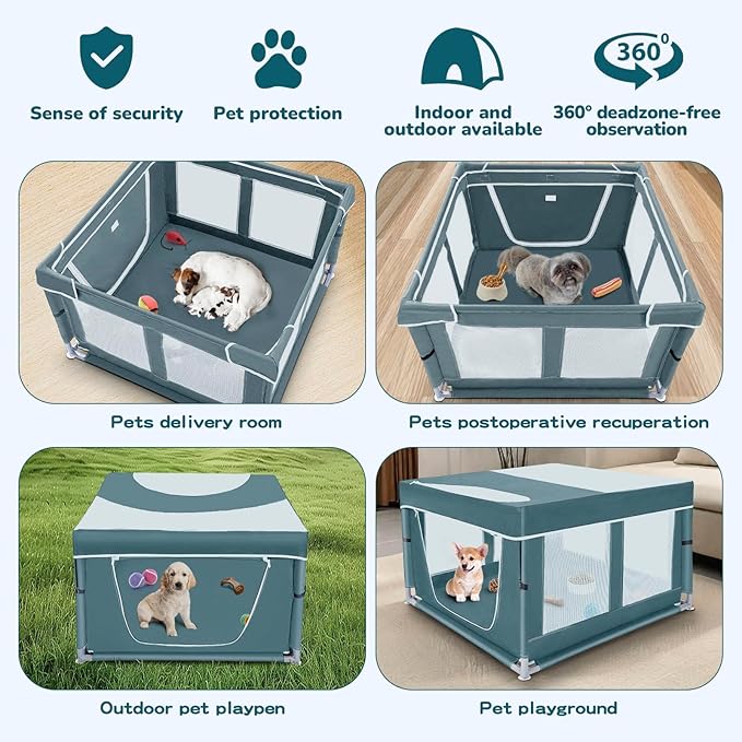 Dog Kitten Playpen with Cover, 42x42 x25.5 Puppy Playpen for Small Pet with See-Through Topper Proof, Green