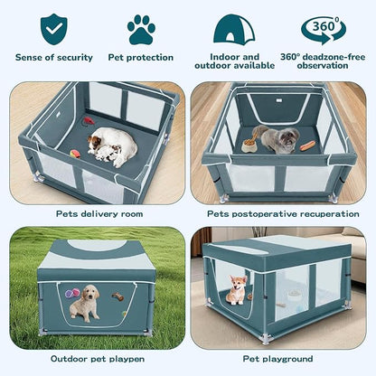 Dog Kitten Playpen with Cover, 42x42 x25.5 Puppy Playpen for Small Pet with See-Through Topper Proof, Green