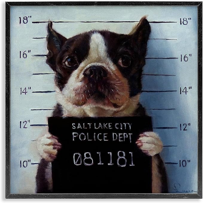 Stupell Industries Funny Boston Terrier Dog Jail Convicted Police, Design by Lucia Heffernan,Blue