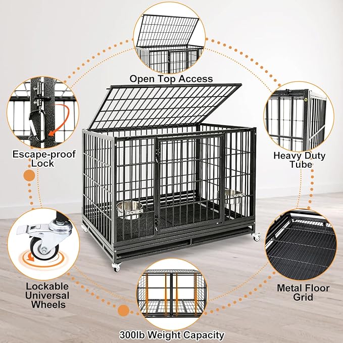 Homey Pet Two Tiers 47 Inch Heavy Duty Indestructible Dog Crate, Stackable Escape Proof Dog Cage Kennel Indoor with Two Removable Trays, Metal Grids, Wheels, Bowls, Double Doors for Large Dogs(6 Pack)