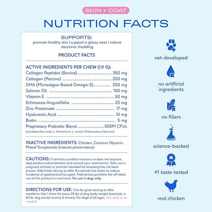 Native Pet Skin & Coat Chews - Omega 3 Fish Oil for Dogs Skin & Coat Supplement - Itch Relief, Shiny Fur & Shedding Support - Collagen, Hyaluronic Acid, Biotin, Probiotics & Salmon Oil - 30 Chews