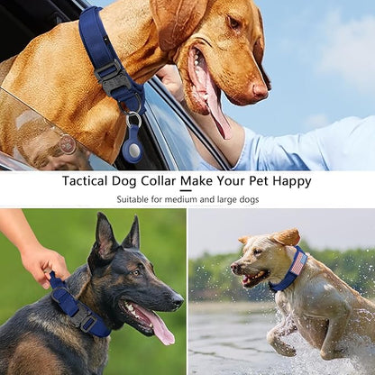 DAGANXI Tactical Dog Collar, Adjustable Military Training Nylon Dog Collar with Control Handle and Heavy Metal Buckle for Medium and Large Dogs, with Patches and Airtags Case (Midnight Blue, L)