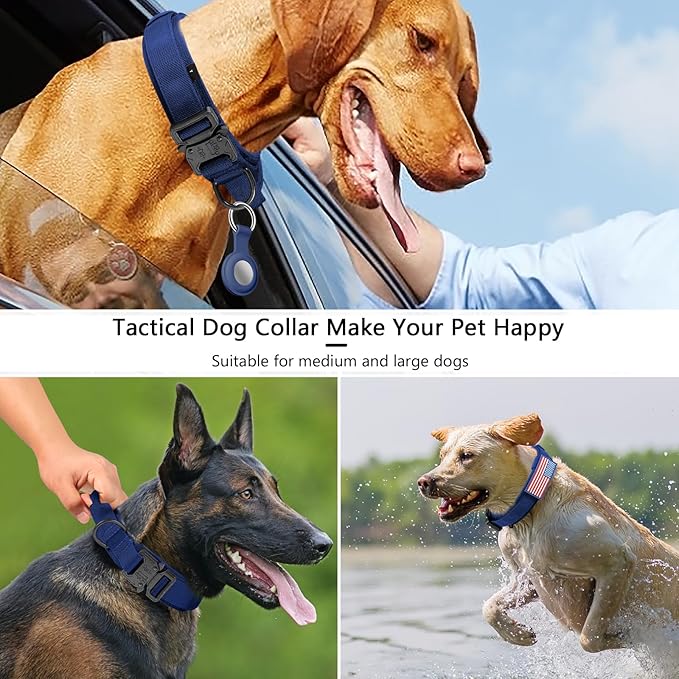 DAGANXI Tactical Dog Collar, Adjustable Military Training Nylon Dog Collar with Control Handle and Heavy Metal Buckle for Medium and Large Dogs, with Patches and Airtags Case (Midnight Blue, XXL)