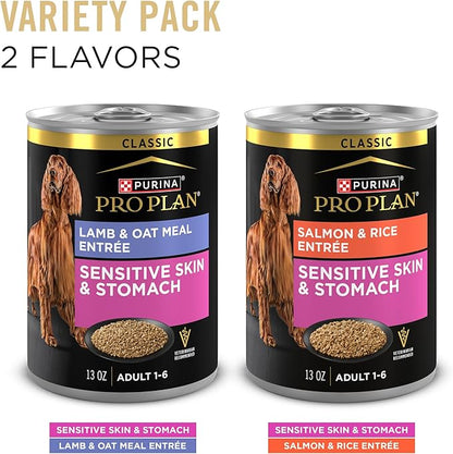 Purina Pro Plan Sensitive Skin and Stomach Wet Dog Food,Salmon and Rice-and Lamb-and Oat Meal Variety Pack - 13 oz. Cans,(Pack of 24)