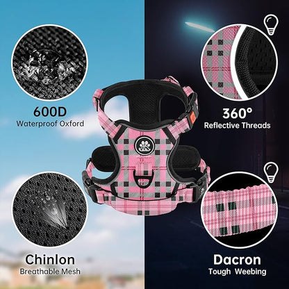 NESTROAD No Pull Dog Harness with Leash, Reflective No Choke Pet Vest Harness,Adjustable Soft Padded Dog Harness with Easy Control Handle for Large Dogs(Checkered Pink,X-Large)