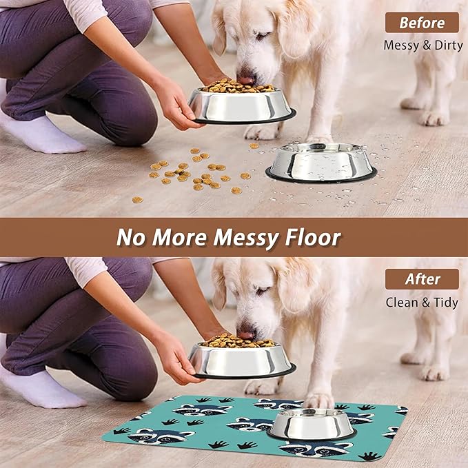 Cute Raccoon Dog Food Mat for Floors,Absorbent Pet Food and Water Bowl Mats,Non-Slip Pet Feeding Mat,Pet Supplies 16" x 24"