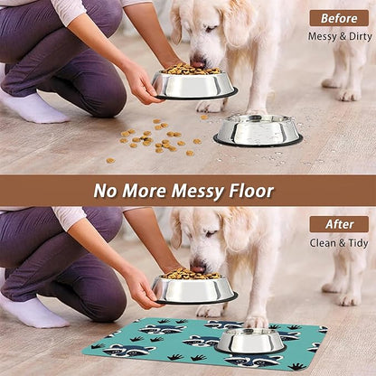 Cute Raccoon Dog Food Mat for Floors,Absorbent Pet Food and Water Bowl Mats,Non-Slip Pet Feeding Mat,Pet Supplies 16" x 24"