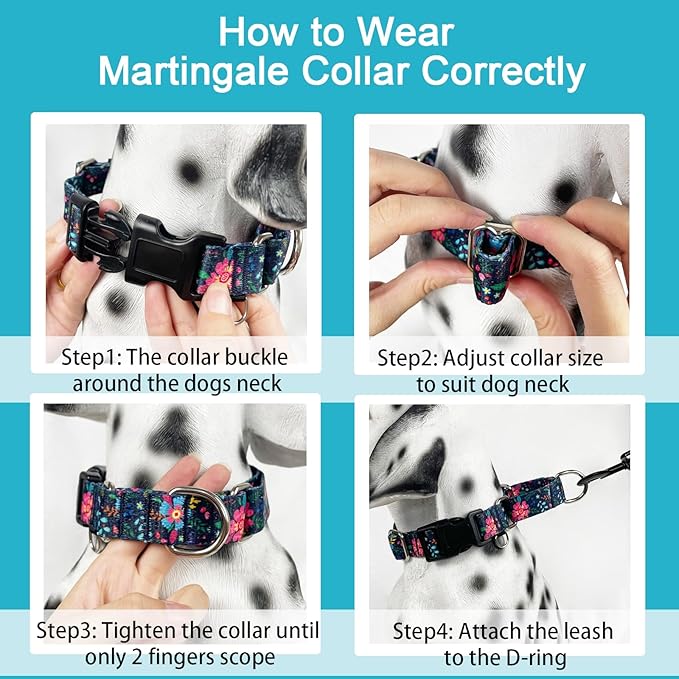 Martingale Collar for Dogs Floral Dog Collars for Small Medium Large Dogs with Buckle Adjustable Soft Nylon Dog Collar (Blue Pink Flower, Medium)
