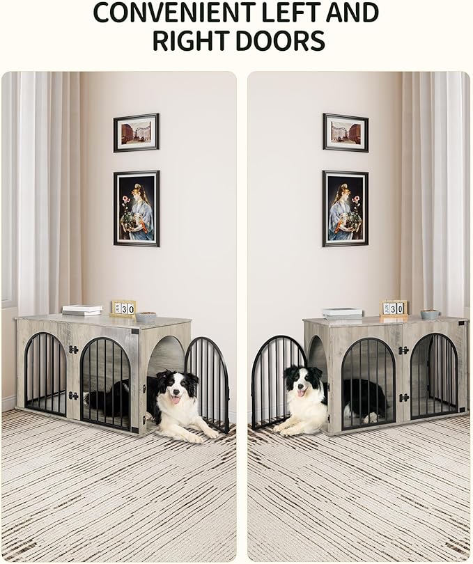 Hzuaneri 39.4" Wooden Dog Crate Furniture, Indoor Dog Kennel Dogs Cage for Small/Medium/Large Dogs, Heavy Duty Dog Crates Decorative Pet House End Side Table TV Stand, Greige Black DFC84105B