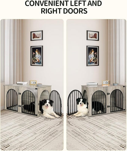 Hzuaneri 39.4" Wooden Dog Crate Furniture, Indoor Dog Kennel Dogs Cage for Small/Medium/Large Dogs, Heavy Duty Dog Crates Decorative Pet House End Side Table TV Stand, Greige Black DFC84105B