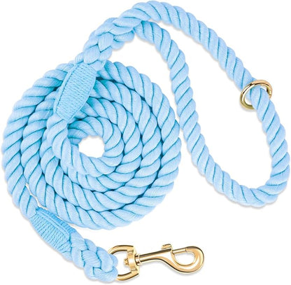Dog Leash 6 FT Handmade Braided Cotton Rope Leashes for Small Medium and Large Dogs, New Golden Heavy Duty Metal Clasp, Light Blue