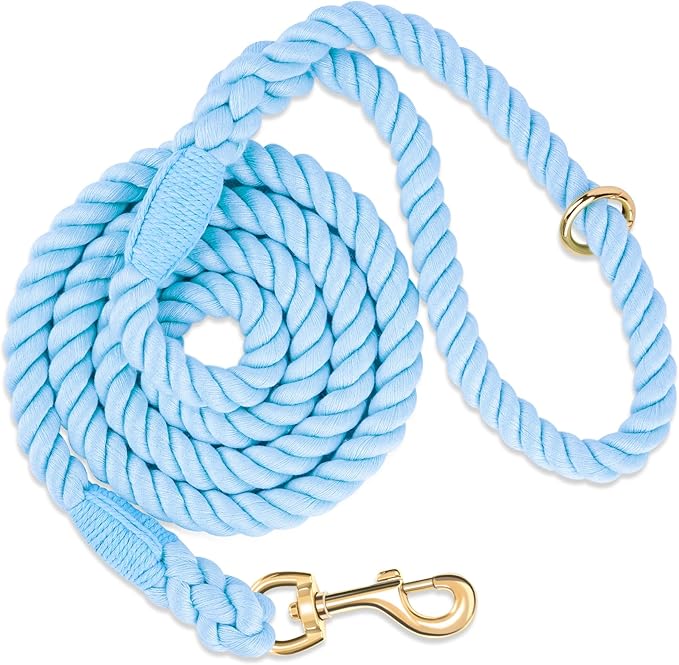 Dog Leash 5 FT Handmade Braided Cotton Rope Leashes for Small Medium and Large Dogs, New Golden Heavy Duty Metal Clasp, Light Blue