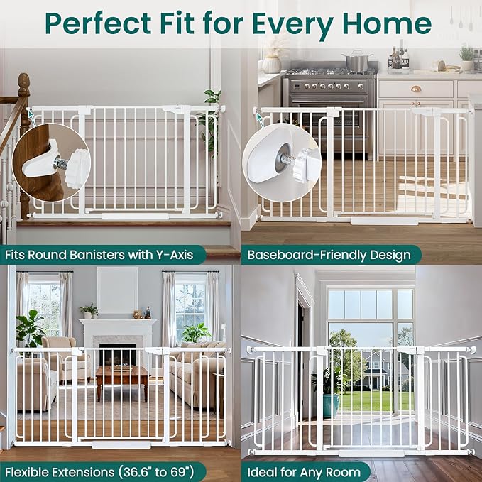 Cumbor Extra Wide Baby Gate, 36.6-69" Walk-Through Dog Gate for Stairs, Doorways & Hallways, 30.5“ Tall, Auto-Close & Dual-Swing Safety Child Gate Indoor, Easy Install Pressure-Mounted Pet Gate, White