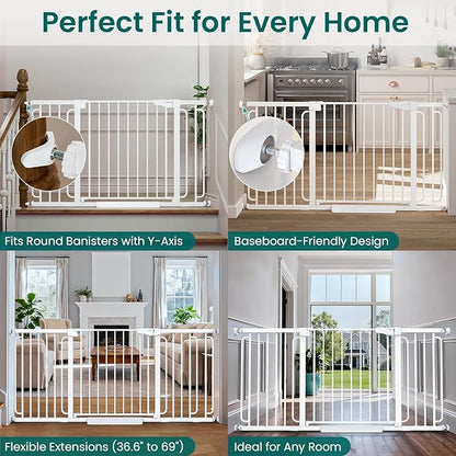 Cumbor Extra Wide Baby Gate, 36.6-69" Walk-Through Dog Gate for Stairs, Doorways & Hallways, 30.5“ Tall, Auto-Close & Dual-Swing Safety Child Gate Indoor, Easy Install Pressure-Mounted Pet Gate, White