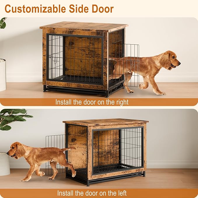 Vongrasig Dog Crate Furniture, Side End Table, Modern Wooden Kennel for Dogs Indoor, Heavy-Duty Dog Cage with Multi-Purpose Removable Tray, Double-Door Dog House, Rustic Brown