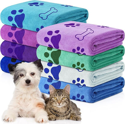 Chumia 8 Pcs Dog Towels for Drying Dogs Cats Pet Towels Bulk Puppy Microfiber Fast Drying Paw Bath Bathing Supplies Absorbent for Medium Pets(18 x 28 Inch,Dog Paw and Bone,Classic Color)