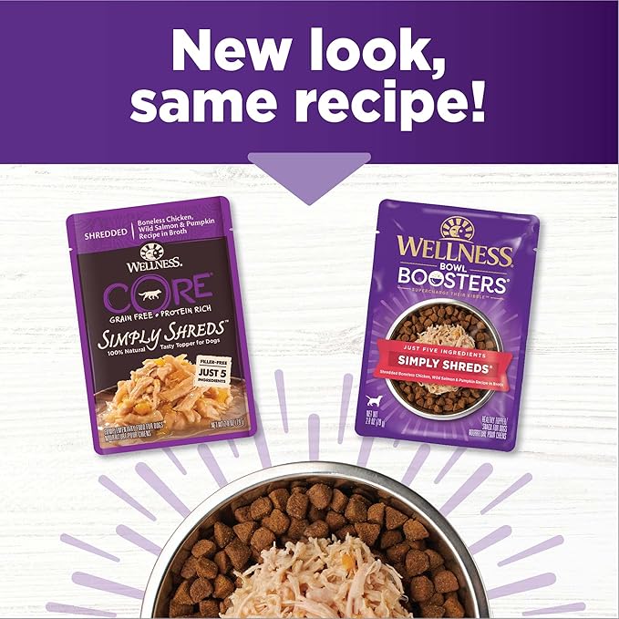 Wellness Bowl Boosters Simply Shreds Wet Dog Food Topper for Small, Medium, and Large Breeds, Grain Free, Natural, Wild Salmon and Pumpkin Recipe, 2.8 oz, Pack of 12 Pouches