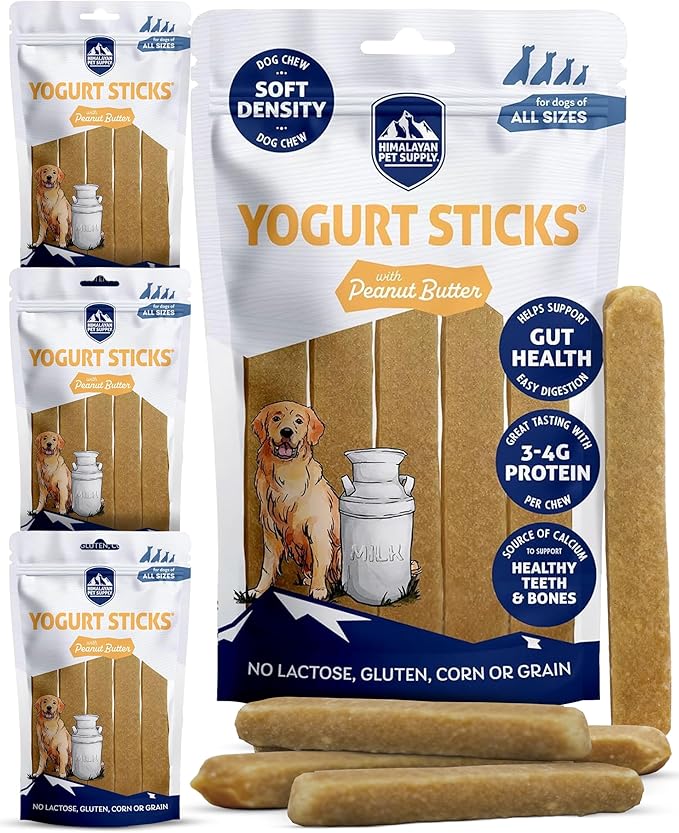 Himalayan Dog Chew Yogurt Sticks, Peanut Butter, Dog Treats with Prebiotics, Probiotics & Protein, Digestive Support, Lactose & Gluten Free, Natural Dog Treat for All Breeds, Made in America, 4pk
