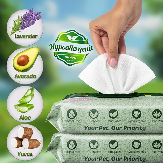 Petazy Dog Wipes for Paws and Butt – 400 Count (8x8in) Hypoallergenic, Deodorizing Pet Wipes for Dogs and Cats | Extra Large, Plant-Based, Lavender Scented | Includes 4 Grooming Glove Wipes