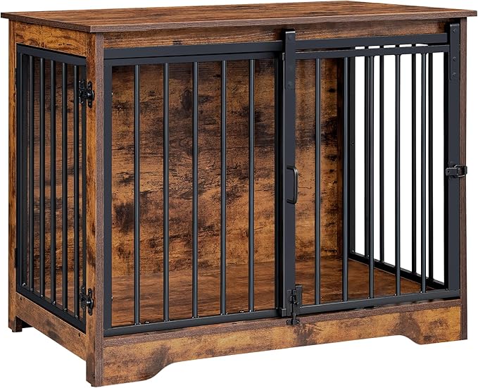 Hzuaneri 31.9" Dog Crate Furniture with Barn Door, Heavy Duty Dog Kennel Indoor with 2 Doors, Wooden Pet Cage End Table for Small Medium Dogs up to 44 lb, Anti-Chew Anti-Escape, Rustic Brown DFC83601B