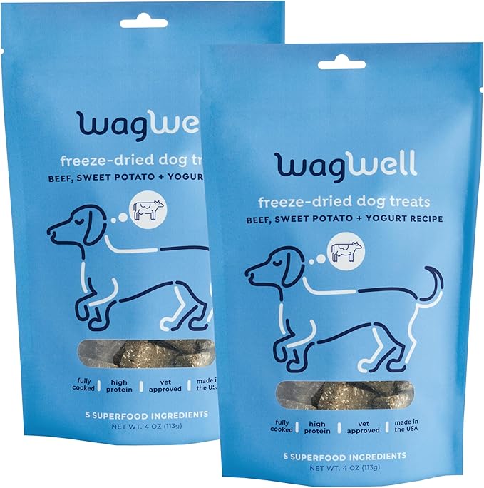 WagWell Freeze Dried Dog Treats, Beef + Yogurt + Sweet Potato Flavor | Training Treats, Food Topper, Healthy Snack for Dogs | Human Grade, Grain Free, High Protein | Made in USA | 4 oz Bag, 2 Pack
