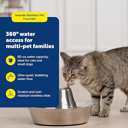 PetSafe Seaside Stainless Steel Cat & Dog Fountain, 60 Oz Water Capacity - 2 Water Filters & 1 Pump Included, Soothing Flow for Pets, Scratch-and Rust-Resistant Material - Quiet Motor