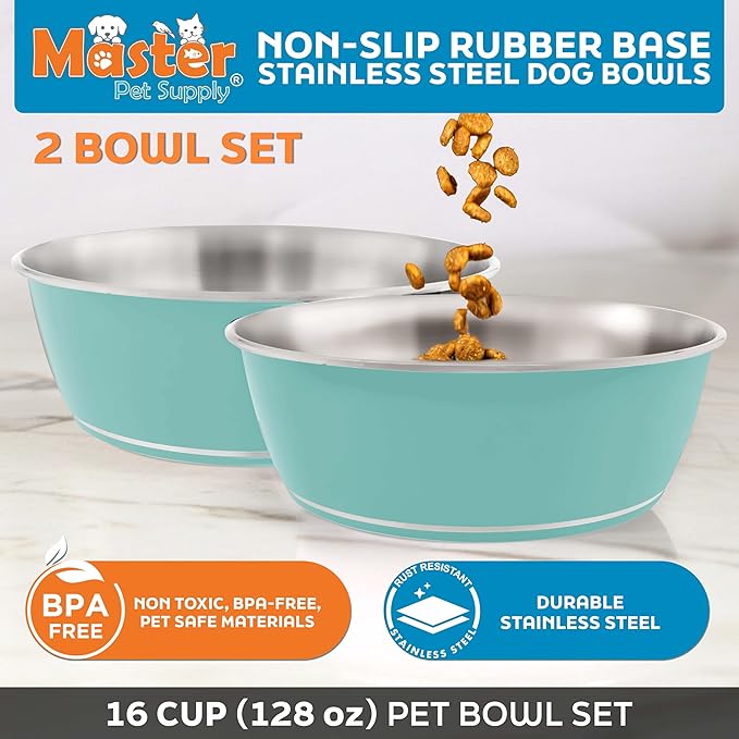 Master Pet Supply Stainless Steel Dog Bowls Set of 2 (128 Oz Each) with Non-Slip Rubber Base - Aqua Sky - Basic Dog Food Bowl Water & Food Bowls for Small Medium Large Dogs & Cats, Metal Dish