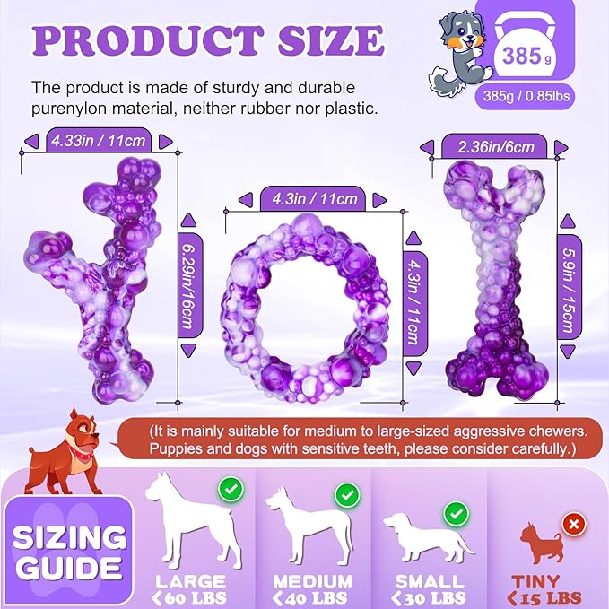 3Pack Dog Chew Toys for Aggressive Chewers, Indestructible Interactive Dog Chew Nylon Bone Toys for for Medium Large Breed 15-60lbs, Teething Toy to Keep Them Busy, Bacon Flavor (Purple)