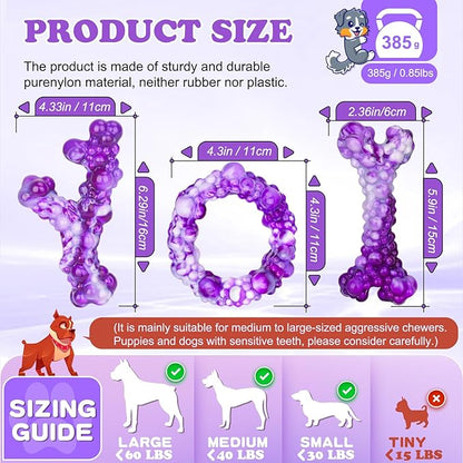 3Pack Dog Chew Toys for Aggressive Chewers, Indestructible Interactive Dog Chew Nylon Bone Toys for for Medium Large Breed 15-60lbs, Teething Toy to Keep Them Busy, Bacon Flavor (Purple)