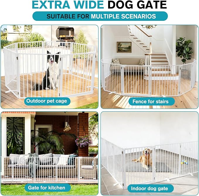 Snagle Paw Extra Wide Dog Gate,Free Standing Dog Fence with Door, Up to 208 Inch Wide Pet Gate with Support Feet for Stairs, Hallways, Doorways, Yard (White, 8 Panels)
