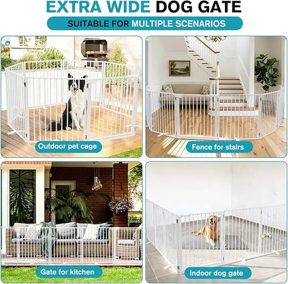 Snagle Paw Extra Wide Dog Gate,Free Standing Dog Fence with Door, Up to 208 Inch Wide Pet Gate with Support Feet for Stairs, Hallways, Doorways, Yard (White, 8 Panels)